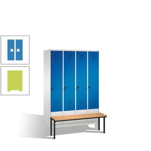 Stahl-Garderobenschrank, Spind, Buche Sitzbank vorgebaut, 4 Abteile a 300 mm, Korpus Lichtgrün, Tür Schwefelgelb, 1.850 x 1.200 x 815 mm (HxBxT)