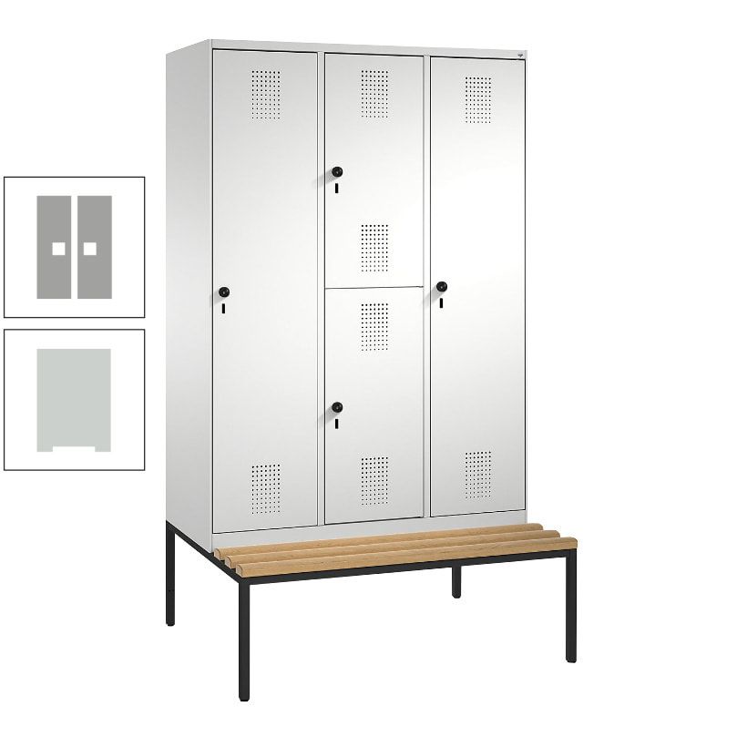 Garderobenschrank, Spind ein- und doppelstöckig Sitzbank, 3 Abteile, 4 Fächer, 2.090x1.200x500 mm (HxBxT), Front anthrazitgrau, Korpus anthrazitgrau