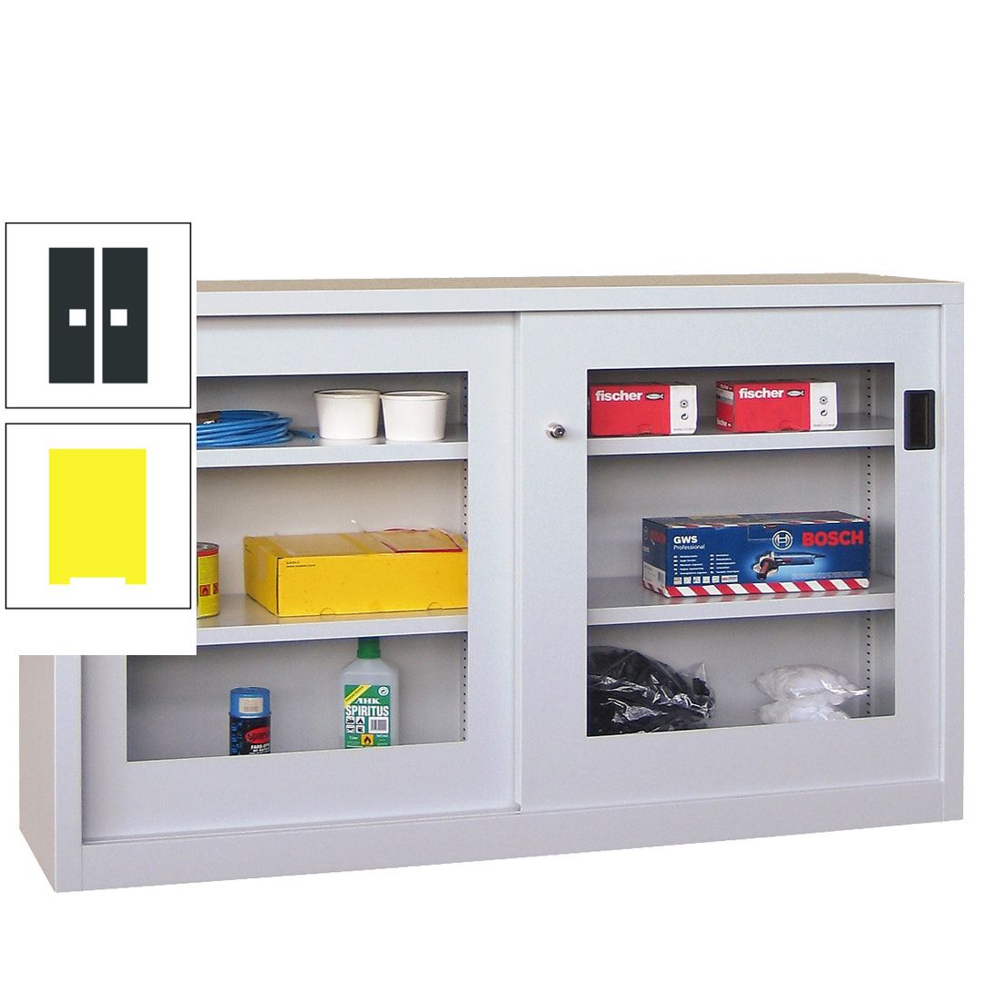 Schiebetürenschrank - Sichtfenstertüren - 1.000x1.500x600 mm (HxBxT) - 4 Böden, verzinkt - Zylinderschloss - anthrazitgrau