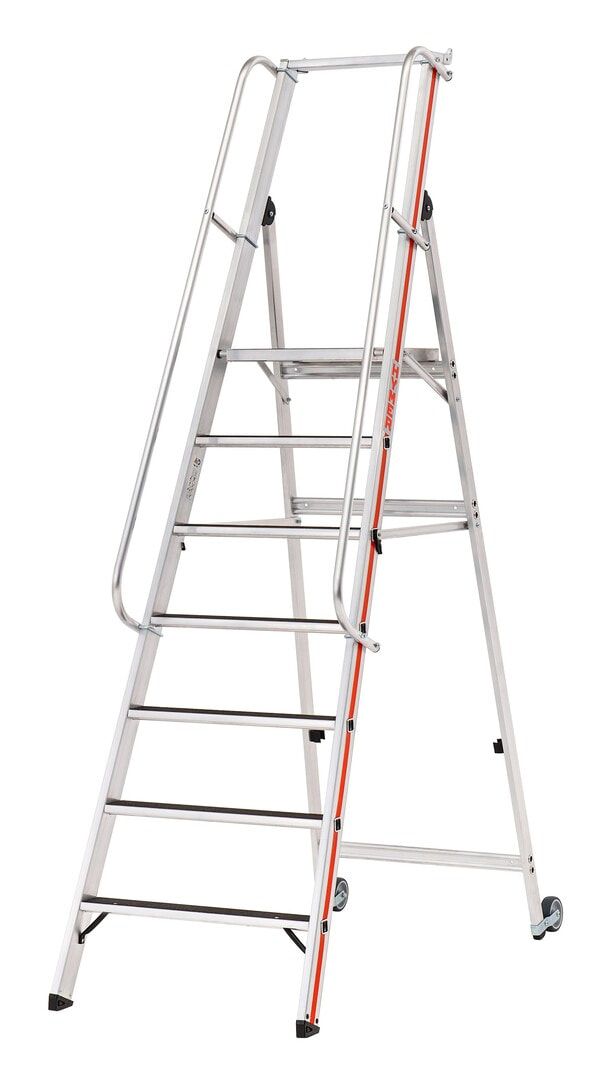 Plattformleiter mit langem Handlauf, zwei Kipprollen, Rutschhemmung R13, Ablage und Eimerhaken, Leiterlänge 1.950 mm, 4 Stufen, Traglast 150 kg, Hymer
