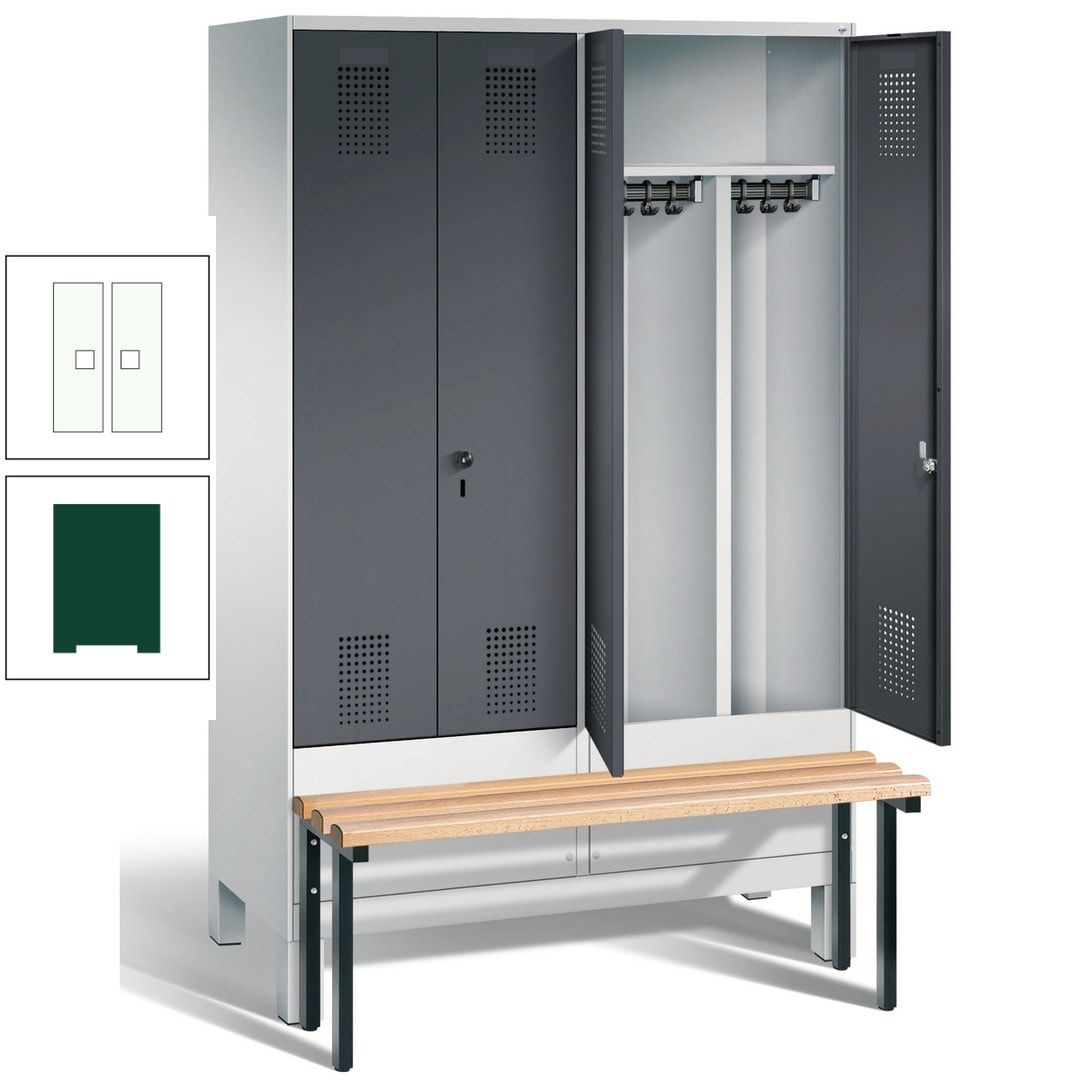 Doppel-Spind, Garderobenschrank, Buche Sitzbank vorgebaut, 4 Abteile a 300 mm, Korpus feuerrot, Tür Wasserblau, 1.850 x 1.200 x 815 mm (HxBxT)