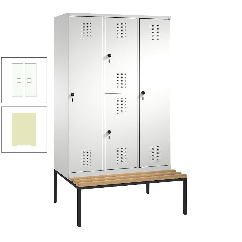 Garderobenschrank, Spind ein- und doppelstöckig Sitzbank, 3 Abteile, 4 Fächer, 2.090x1.200x500 mm (HxBxT), Front anthrazitgrau, Korpus anthrazitgrau