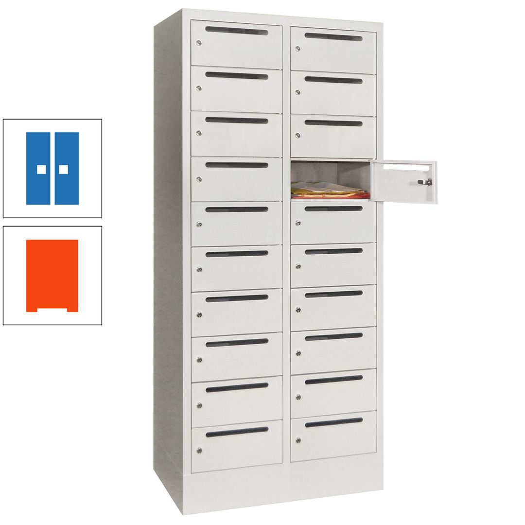 Postverteilerschrank, Schließfachschrank, 2 Abteile a 400 mm, 20 Fächer, 1.850 x 800 x 500 mm (HxBxT), Korpus anthrazitgrau, Front anthrazitgrau