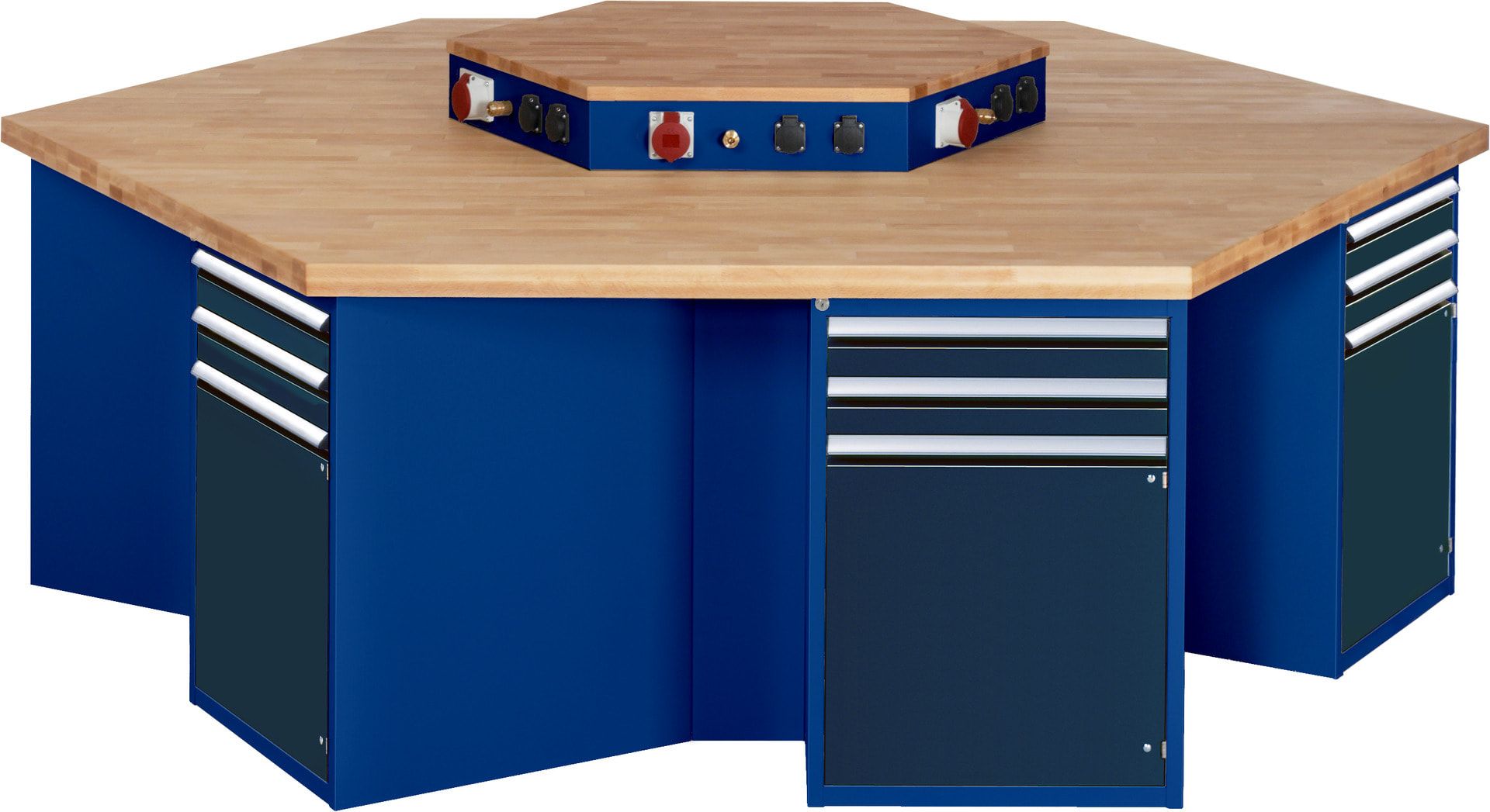 Gruppenwerkbank, Buche, Höhe 840 mm, mit Energieaufsatz, Unterbau-Container, 2 Schubladen, 1 Tür, 1 Boden - Anthrazitgrau