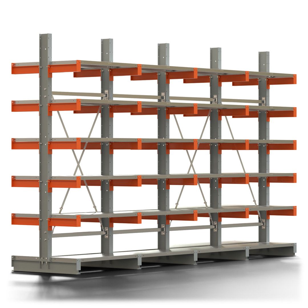 Doppelseitiges Kragarmregal mit Fachböden, 2 Felder, 2.500 x 2.000 (HxB), Nutztiefe 1.000 mm, Kragarmlast 450 kg, KARL basic, silbergrau/reinorange