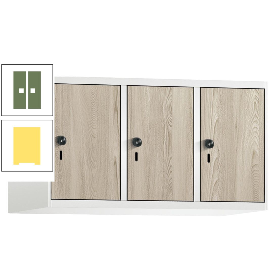 Aufsatzschrank, Schrankaufsatz, 3 Fächer a 300 mm, Farbe Pastellgelb, Tür anthrazitgrau, 500 x 900 x 500 mm (HxBxT)