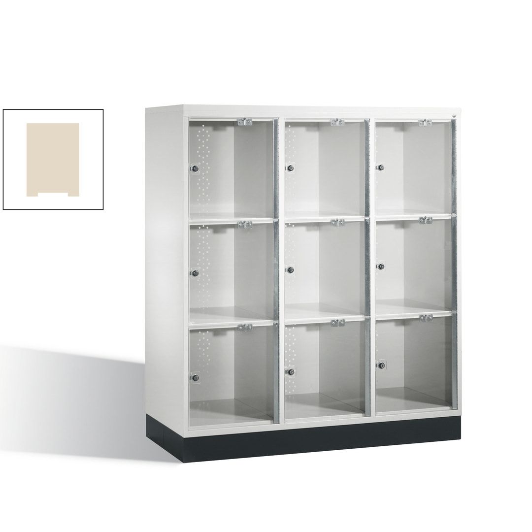 Schließfachschrank, Fächerschrank mit Türen aus Acrylglas, 3 Abteile, 9 Fächer, Zylinderschloss, 1.370 x 1.220 x 500 mm (HxBxT), Korpus anthrazitgrau