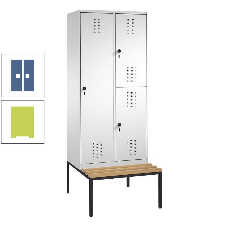 Garderobenschrank, Spind ein- und doppelstöckig Sitzbank, 2 Abteile, 3 Fächer, 2.090 x 800 x 500 mm (HxBxT), Front anthrazitgrau, Korpus anthrazitgrau