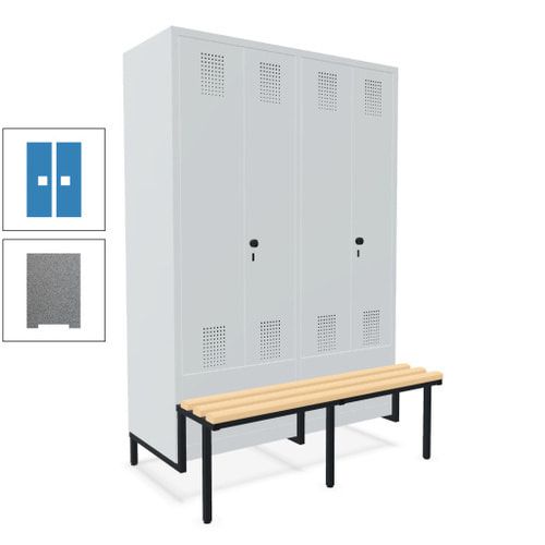 Doppel-Spind, Garderobenschrank, Buche Sitzbank integriert, 4 Abteile 300 mm, Korpus anthrazitgrau, Tür anthrazitgrau, 1.850 x 1.200 x 815 mm (HxBxT)
