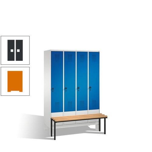 Stahl-Garderobenschrank, Spind, Buche Sitzbank vorgebaut, 4 Abteile a 300 mm, Korpus Lichtgrün, Tür Schwefelgelb, 1.850 x 1.200 x 815 mm (HxBxT)