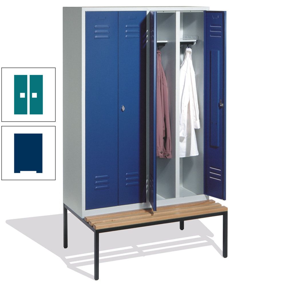 Doppel-Spindschrank, Buche Sitzbank untergebaut, 4 Abteile a 300 mm, Korpus lichtgrau, Tür anthrazitgrau, 2.090 x 1.190 x 815 mm (HxBxT)