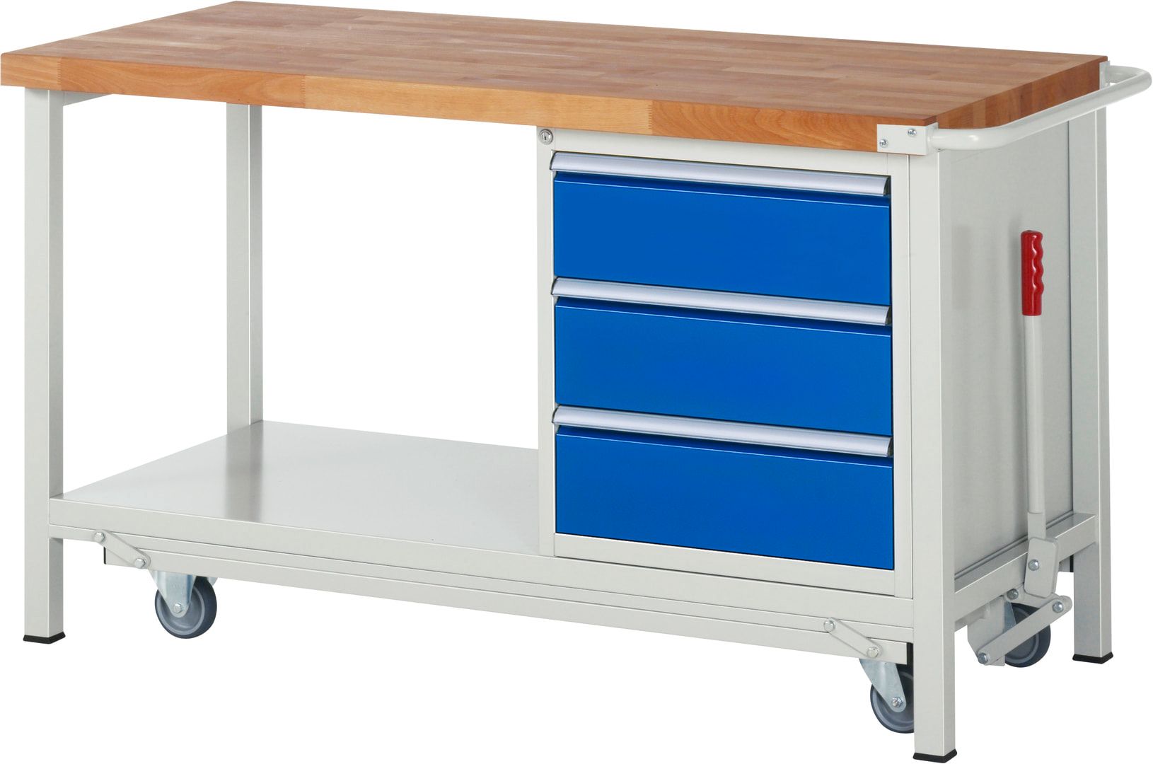 Mobile absenkbare Werkbank mit 3 Schubladen - Teilauszug - 180:3 - 880 x 1.500 x 700 mm (HxBxT) - 1,25 t - Buche - Anthrazitgrau