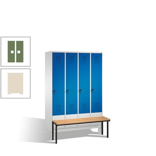 Stahl-Garderobenschrank, Spind, Buche Sitzbank vorgebaut, 4 Abteile a 300 mm, Korpus Lichtgrün, Tür Schwefelgelb, 1.850 x 1.200 x 815 mm (HxBxT)