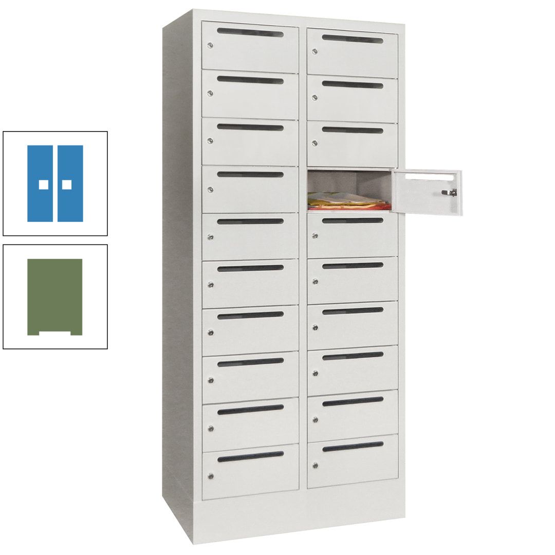 Postverteilerschrank, Schließfachschrank, 2 Abteile a 400 mm, 20 Fächer, 1.850 x 800 x 500 mm (HxBxT), Korpus anthrazitgrau, Front anthrazitgrau
