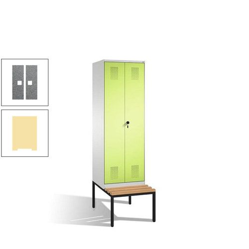 Doppel-Spind, Garderobenschrank, Buche Sitzbank untergebaut, 2 Abteile a 300 mm, Korpus anthrazitgrau, Tür anthrazitgrau, 2.090 x 600 x 815 mm (HxBxT)