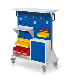 Mobiler Rollwagen, 2 Loch- und 4 Schlitzplatten, 10 Halter, 15 Sichtlagerkästen, Böden, Schrank, 1.270 x 1.000 x 500 mm (HxBxT), Farbe wählbar