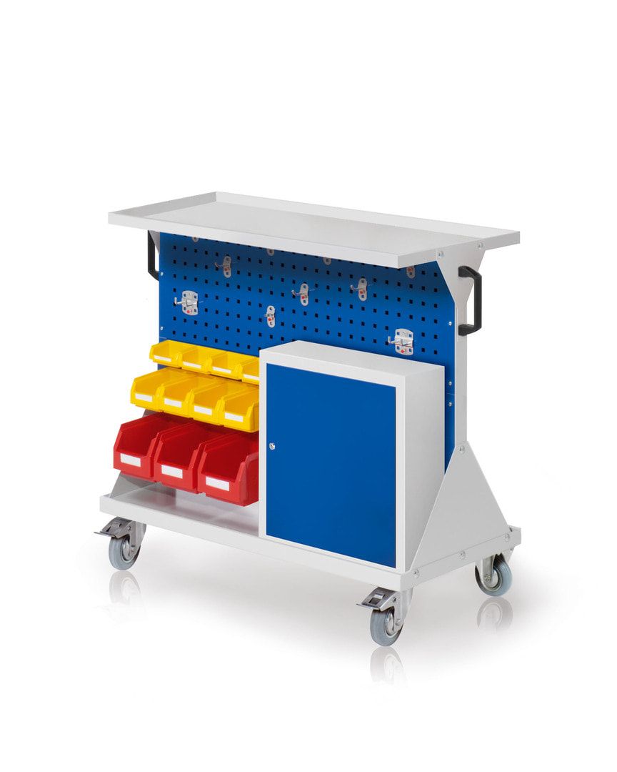 Mobiler Rollwagen, 2 Loch- und 2 Schlitzplatten, 10 Halter und 11 Sichtlagerkästen, Auflageboden, Schrank, 930 x 1.000 x 500 mm (HxBxT), Anthrazitgrau