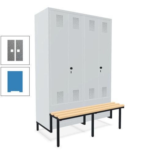 Doppel-Spind, Garderobenschrank, Buche Sitzbank integriert, 4 Abteile 300 mm, Korpus anthrazitgrau, Tür anthrazitgrau, 1.850 x 1.200 x 815 mm (HxBxT)