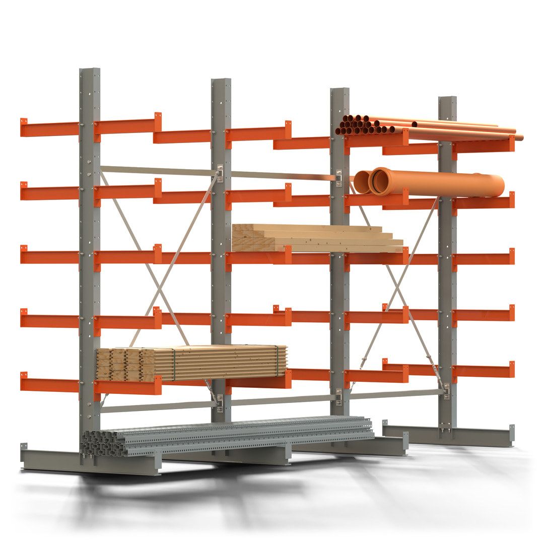 Doppelseitiges Kragarmregal, 2 Felder, 2.500 x 2.560 x 1.120 mm (HxBxT), Nutztiefe 500 mm, Kragarmlast 870 kg, KARL basic, silbergrau/reinorange