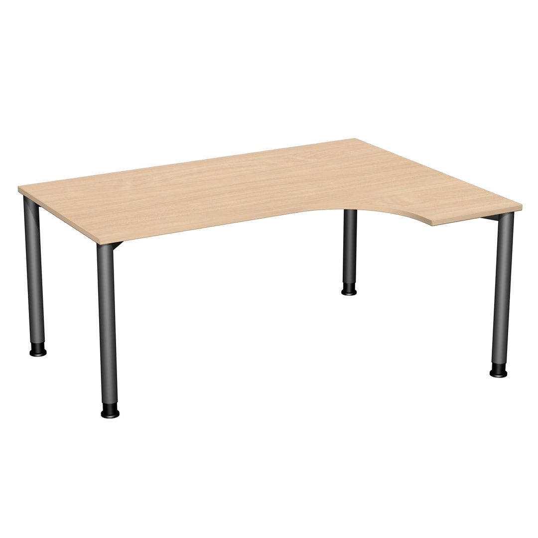 Eckschreibtisch mit einseitig verkürzten, 4-Fuß Flex, Ecke rechts, Höhe 680-800 mm, 1.600 x 1.200 mm (BxT), Gestell anthrazit, Ahorn