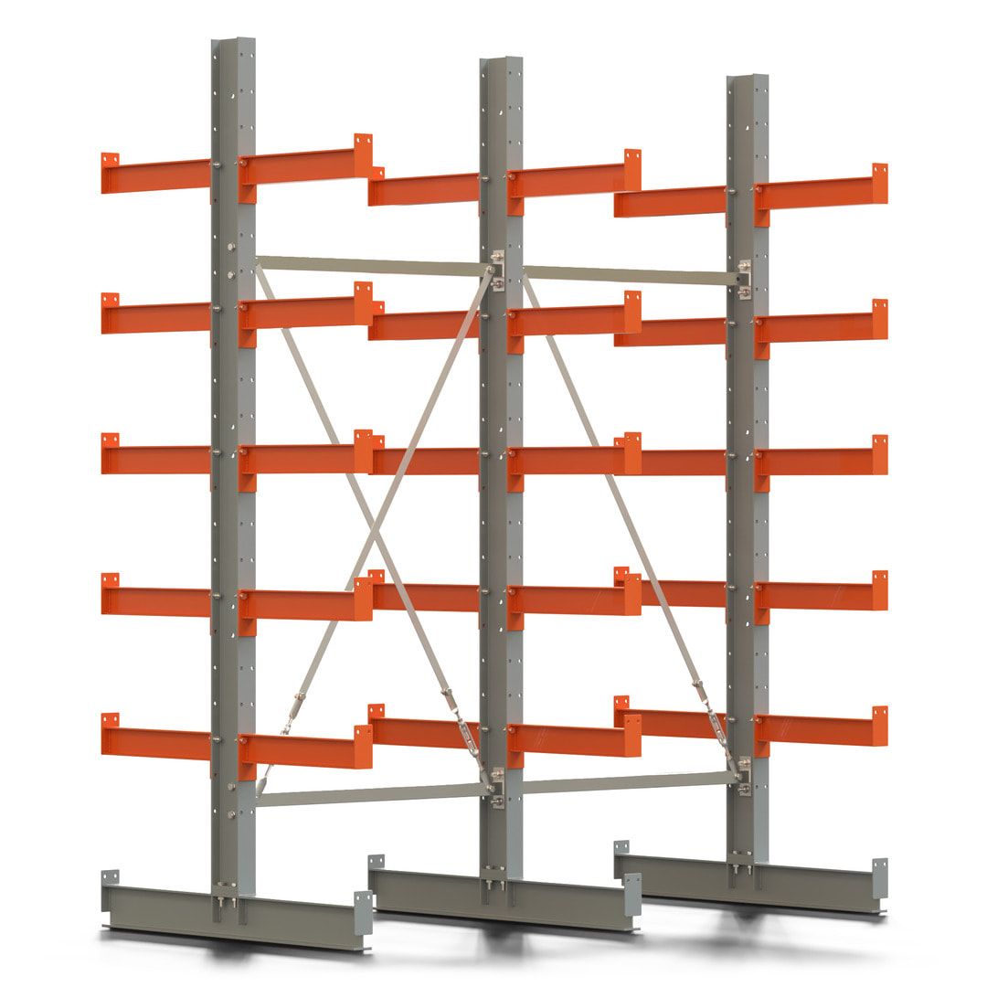 Doppelseitiges Kragarmregal, 2 Felder, 2.500 x 2.000 x 1.120 mm (HxBxT), Nutztiefe 500 mm, Kragarmlast 870 kg, KARL basic, silbergrau/reinorange