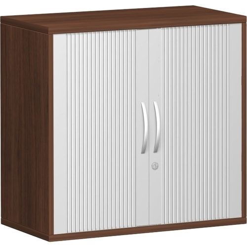 Querrollladenschrank, Dekoreinlageboden, Metallsockel/Standfüße, abschließbar, 768 x 1.000 x 425 mm (HxBxT), Korpusfarbe Ahorn, Frontfarbe silber