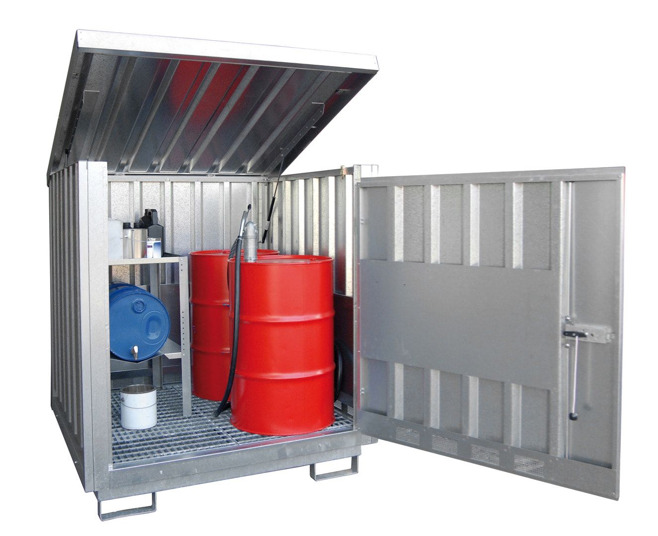 Gefahrstoffdepot für 2 x 200 Liter Fässer, mit Flügeltür, aufklappbares Dach, bis zu 230 Liter Auffangvolumen, für entzündbare Flüssigkeiten, verzinkt