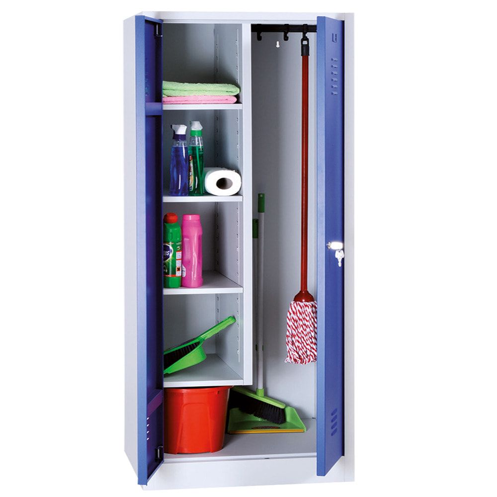 Geräteschrank, Mehrzweckschrank, 2 Abteile, 1.800 x 800 x 500 mm (HxBxT), Drehriegel, Kleiderstange, Stahl, Korpus: lichtgrau, Front: enzianblau