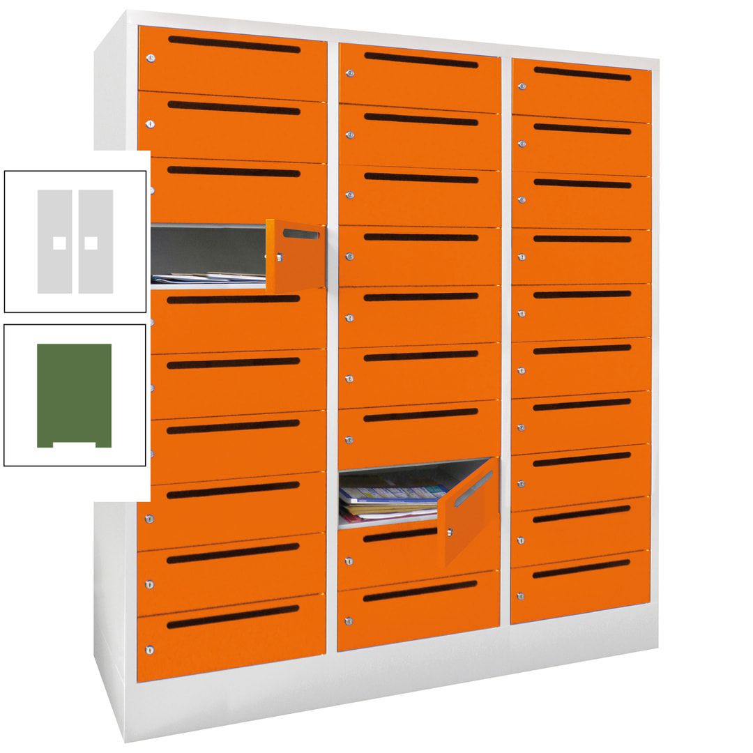 Postverteilerschrank, Schließfachschrank, 3 Abteile a 40 cm, 30 Fächer, 1.850 x 1.200 x 500 mm (HxBxT), Korpus anthrazitgrau, Front anthrazitgrau
