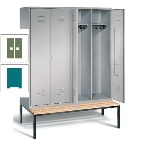Doppel-Spindschrank, Buche Sitzbank untergebaut, 4 Abteile a 400 mm, Korpus lichtgrau, Tür anthrazitgrau, 2.090 x 1.590 x 815 mm (HxBxT)