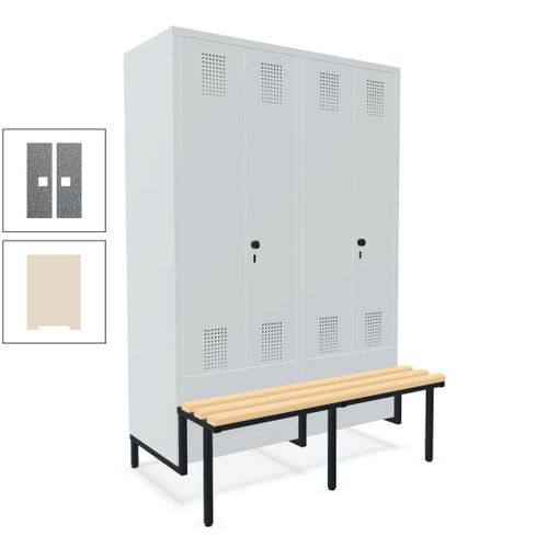 Doppel-Spind, Garderobenschrank, Buche Sitzbank integriert, 4 Abteile 300 mm, Korpus anthrazitgrau, Tür anthrazitgrau, 1.850 x 1.200 x 815 mm (HxBxT)
