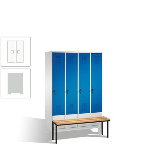 Stahl-Garderobenschrank, Spind, Buche Sitzbank vorgebaut, 4 Abteile a 300 mm, Korpus Lichtgrün, Tür Schwefelgelb, 1.850 x 1.200 x 815 mm (HxBxT)