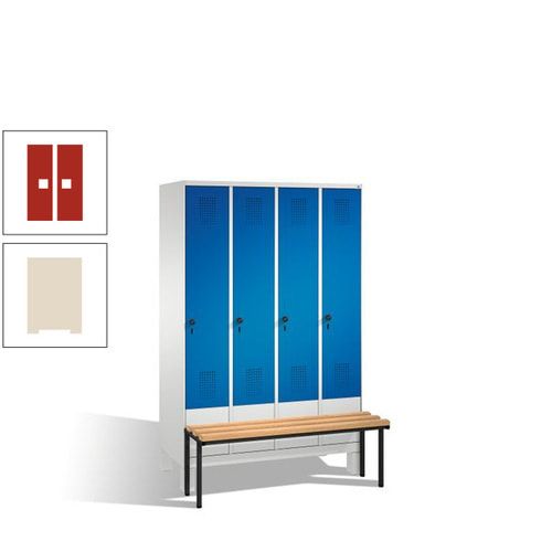 Stahl-Garderobenschrank, Spind, Buche Sitzbank vorgebaut, 4 Abteile a 300 mm, Korpus Lichtgrün, Tür Schwefelgelb, 1.850 x 1.200 x 815 mm (HxBxT)