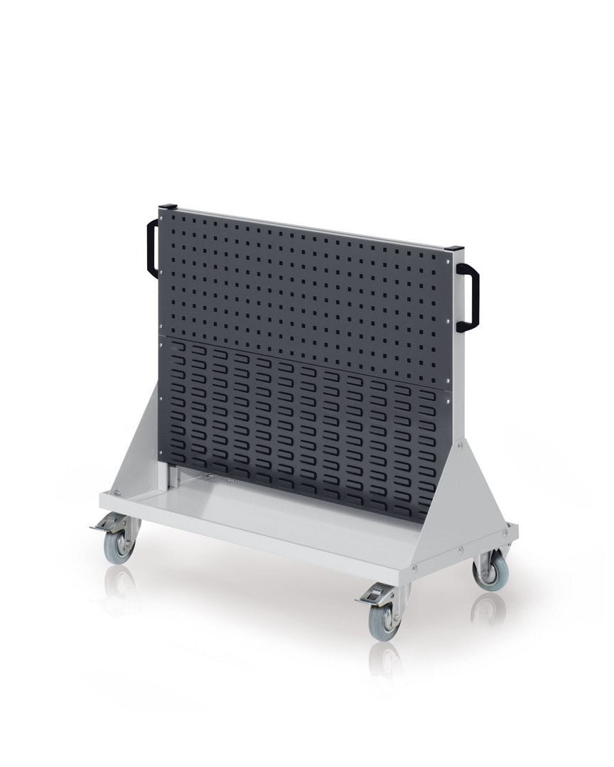 Mobiler Rollwagen, 2 Loch- und 2 Schlitzplatten, 10 Halter, 12 Sichtlagerkästen, 890 x 1.000 x 500 mm (HxBxT), Anthrazitgrau (RAL 7016)