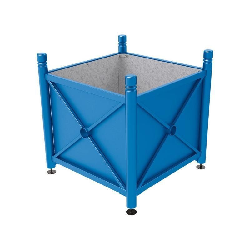 Pflanzbehälter, fvz.Stahl, innen feuerverzinkt, Verladungsgriffe, verstellbare Füße, Kopf Agora, 900 x 1.000 x 1.000 mm (HxBxT), enzianblau
