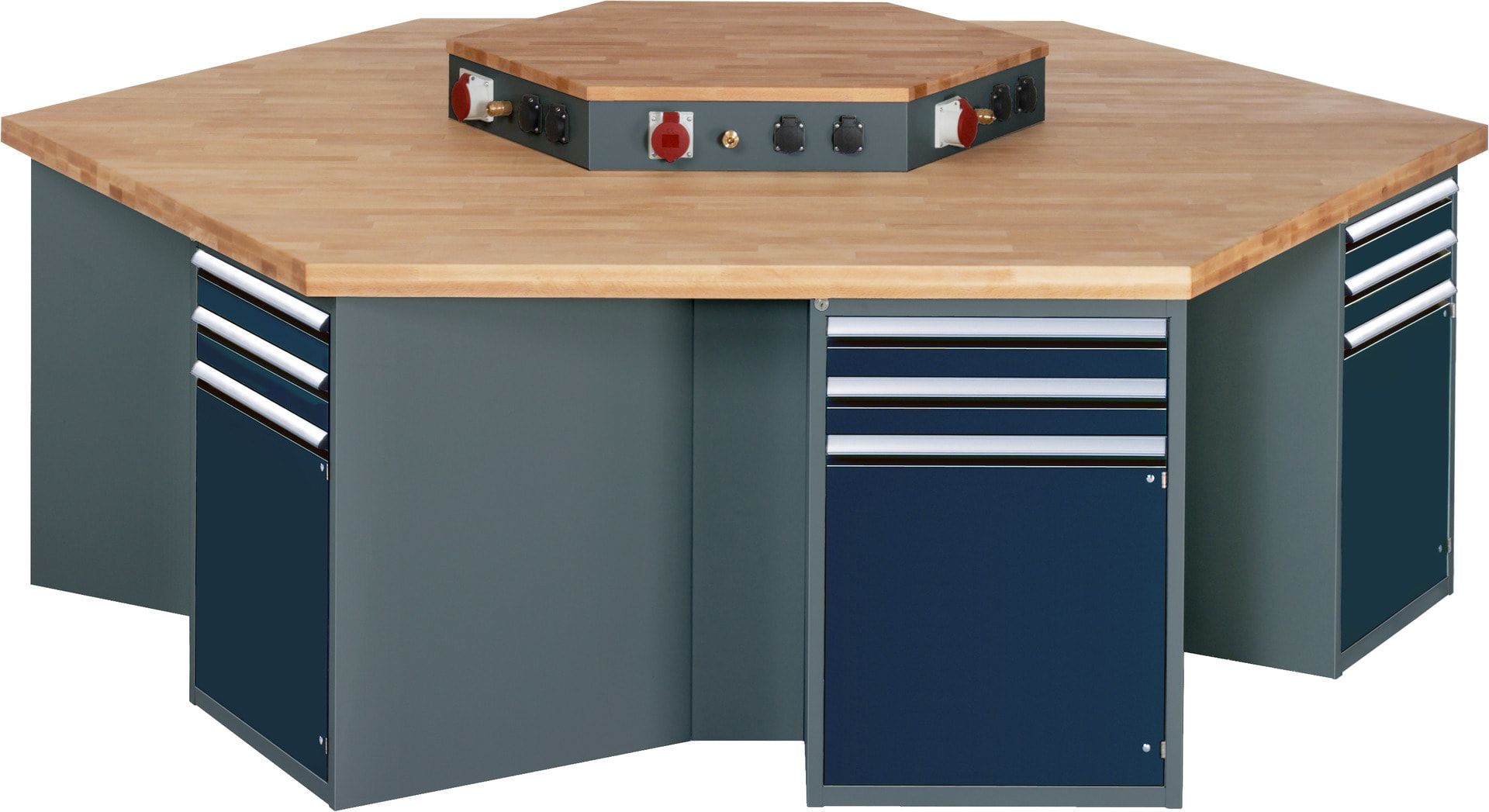 Gruppenwerkbank, Buche, Höhe 840 mm, mit Energieaufsatz, Unterbau-Container, 2 Schubladen, 1 Tür, 1 Boden - Anthrazitgrau