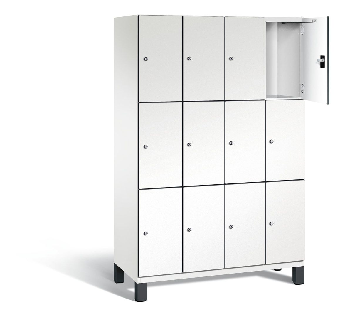Fächerschrank, Stahlschrank, 12 Fächer, Türöffnungsbegrenzer, Füße, Korpus anthrazitgrau, Dekorfront HPL Donau-Ahorn, 1.980 x 1.200 x 525 mm (HxBxT)