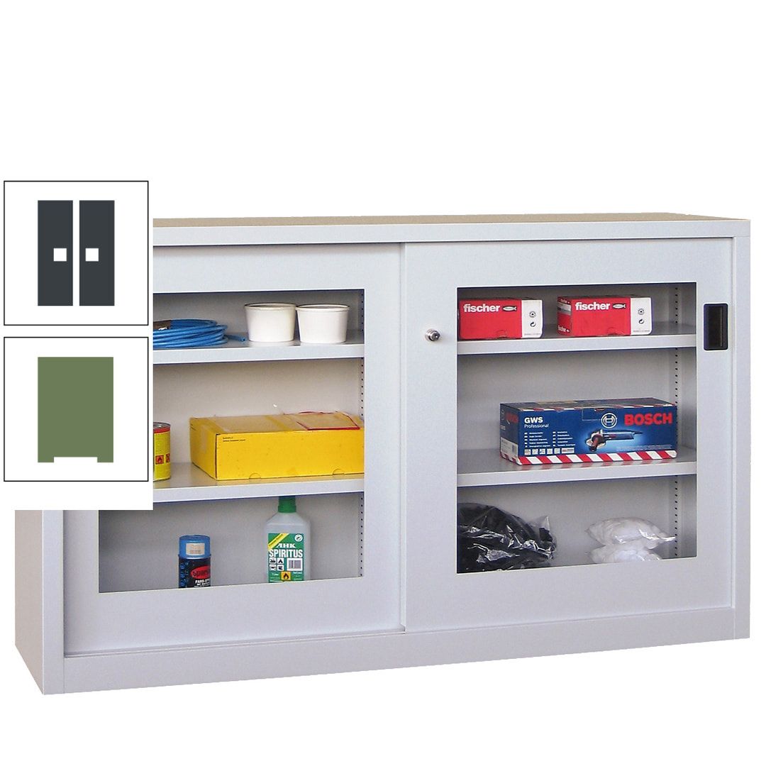 Schiebetürenschrank - Sichtfenstertüren - 1.000x1.500x600 mm (HxBxT) - 4 Böden, verzinkt - Zylinderschloss - anthrazitgrau