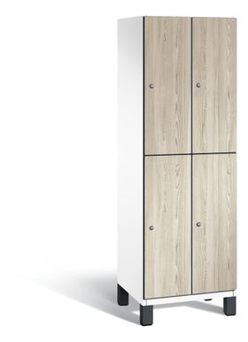 Fächerschrank, Garderobenschrank, mit Füßen, 2 Abteile, 1.980 x 600 x 525 mm (HxBxT), Korpus lichtgrau, Holzdekorfront