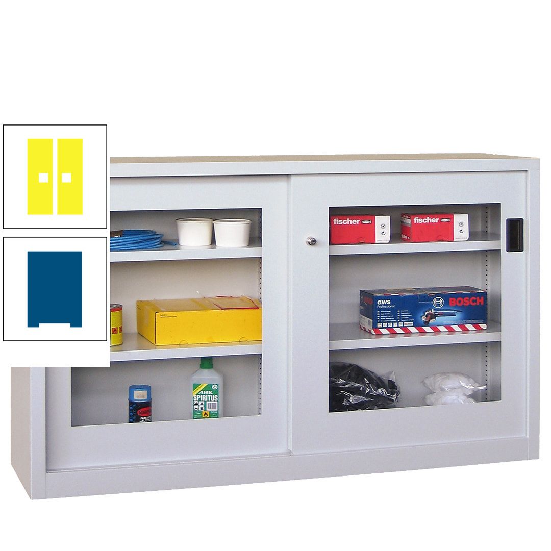 Schiebetürenschrank - Sichtfenstertüren - 1.000x1.500x600 mm (HxBxT) - 4 Böden, verzinkt - Zylinderschloss - anthrazitgrau