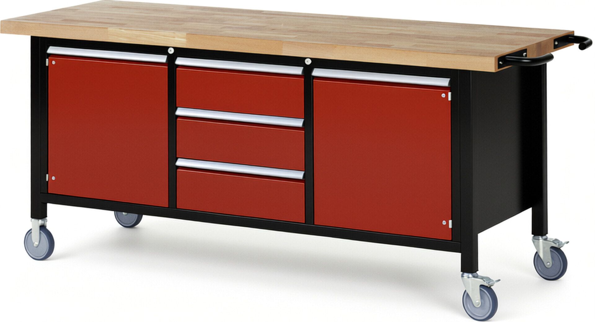 Mobile Werkbank, 2 Schränke - 3 Schubladen - Teilauszug - 180:3 - Höhe 880-1.080 mm - 2.000 x 700 mm - 450 kg - Buche - Anthrazitgrau