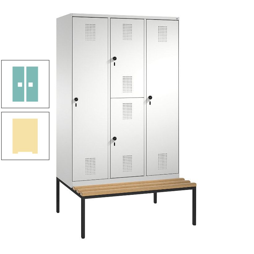 Garderobenschrank, Spind ein- und doppelstöckig Sitzbank, 3 Abteile, 4 Fächer, 2.090x1.200x500 mm (HxBxT), Front anthrazitgrau, Korpus anthrazitgrau