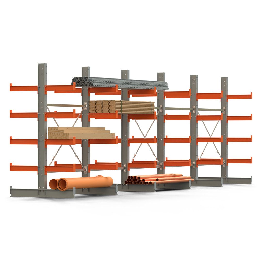 Doppelseitiges Kragarmregal, 2 Felder, 2.000 x 2.560 x 1.120 mm (HxBxT), Nutztiefe 500 mm, Kragarmlast 870 kg, KARL basic, silbergrau/reinorange