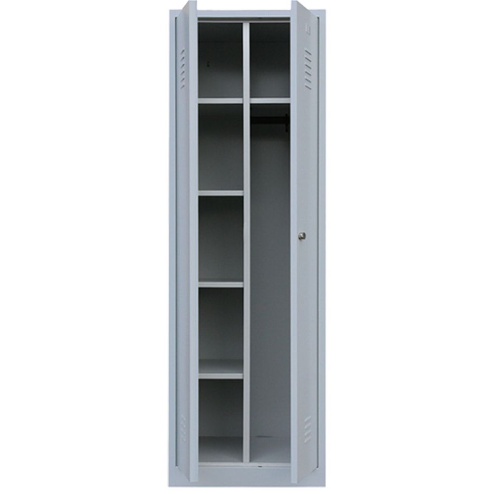 Mehrzweckschrank, Garderobenschrank, 2 Abteile, 6 Fächer, 1.800 x 600 x 500 mm (HxBxT), Kleiderstange, Stahl, Korpus: lichtgrau, Front: enzianblau