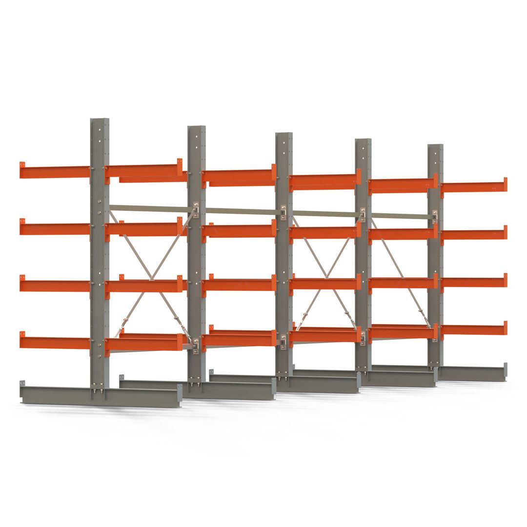 Doppelseitiges Kragarmregal, 2 Felder, 2.000 x 2.560 x 1.120 mm (HxBxT), Nutztiefe 500 mm, Kragarmlast 870 kg, KARL basic, silbergrau/reinorange