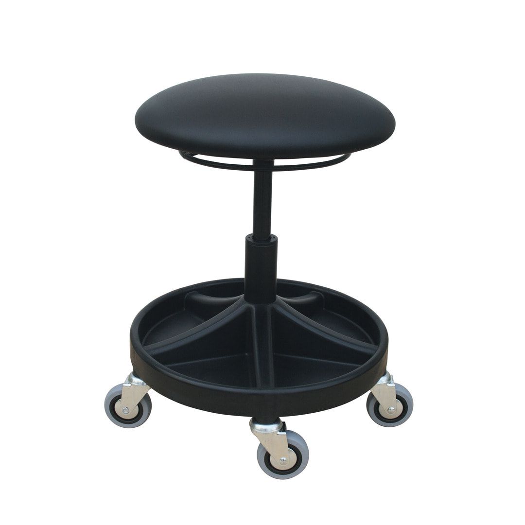 Arbeitshocker mit Ablage-System - Sitzhöhe 490 - 620 mm mm - Kunstleder Pilz - Kunststoff Fußkreuz mit Rollen - Ringauslösung