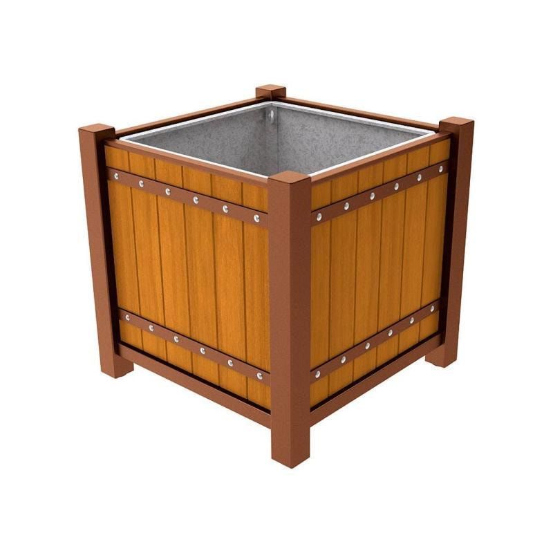 Pflanzbehälter, Pflanzgefäß, verzinkt, Eichenholzverkleidung, innen feuerverzinkt mit Verladungsgriffen, 960 x 1.060 x 1.060 mm (HxBxT), enzianblau