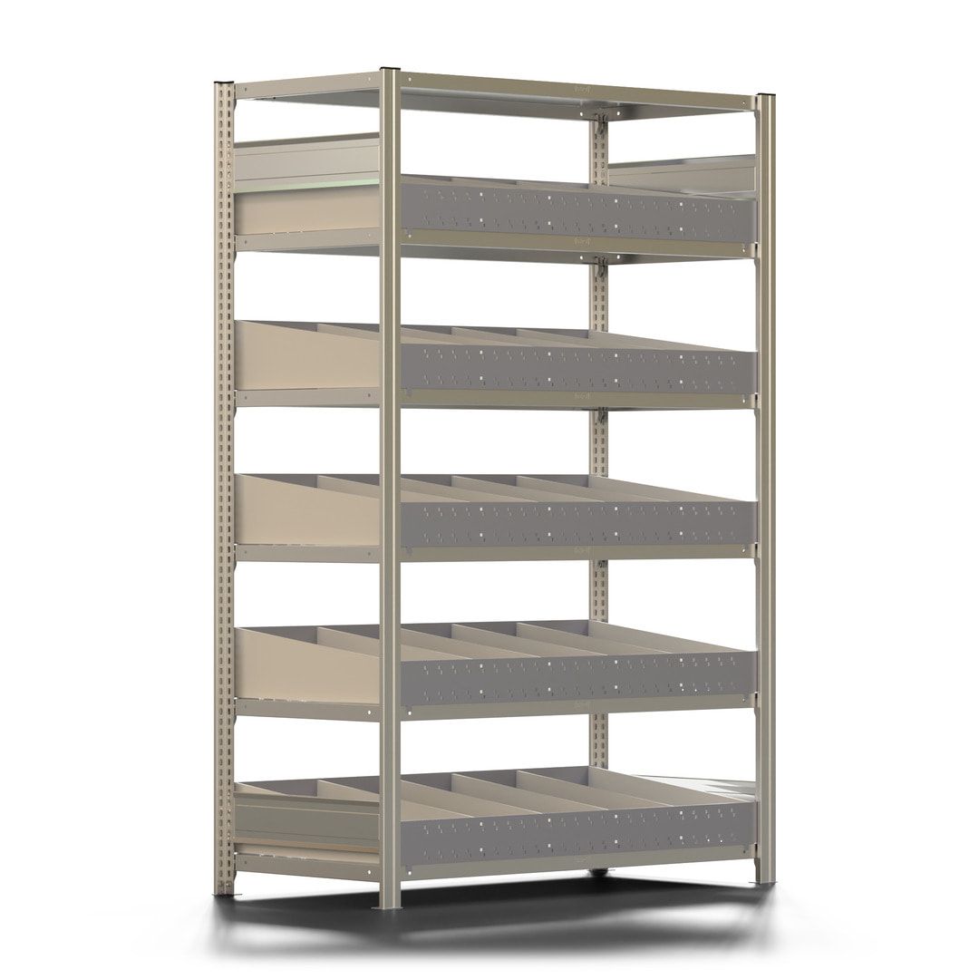 Kleinteileregal Eisenwarenregal mit 5 x Schüttgut Ebene und 1 x Fachboden, 2.000 x 1.285 x 626 mm (HxBxT), Anbauregal erweiterbar Steckregal BERT