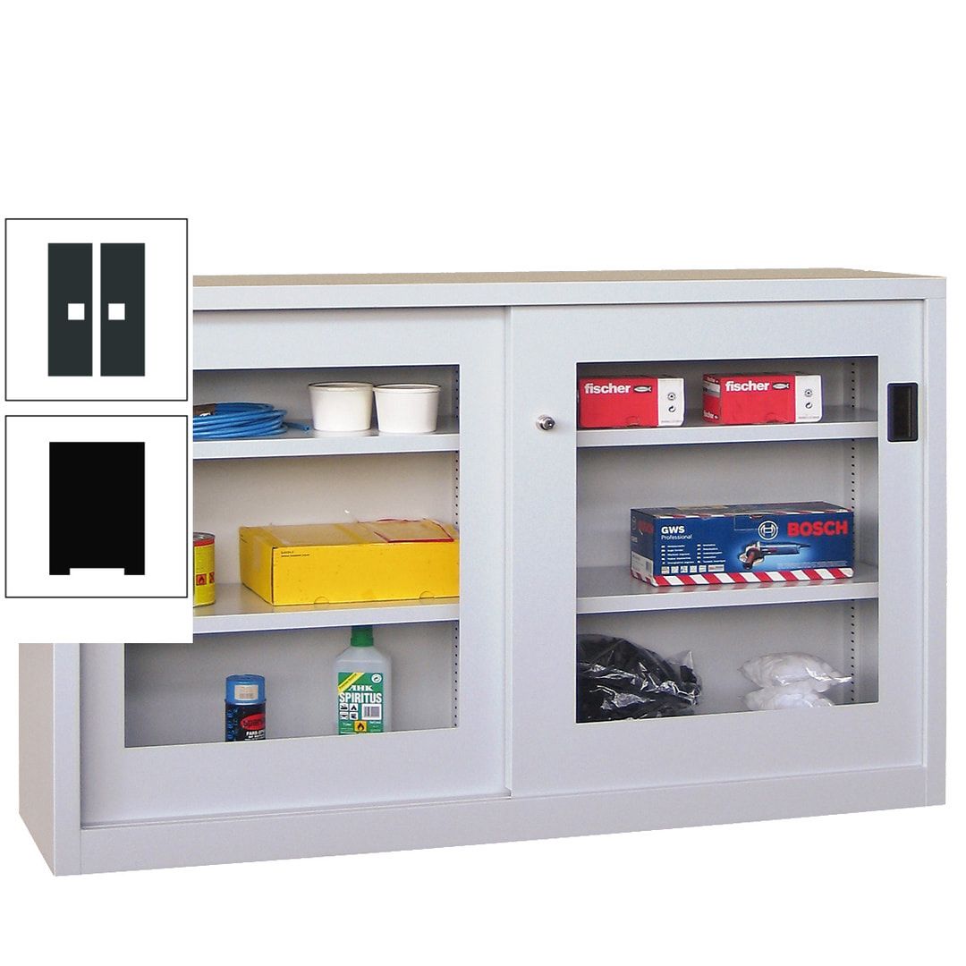 Schiebetürenschrank - Sichtfenstertüren - 1.000x1.500x600 mm (HxBxT) - 4 Böden, verzinkt - Zylinderschloss - anthrazitgrau