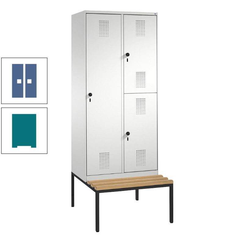 Garderobenschrank, Spind ein- und doppelstöckig Sitzbank, 2 Abteile, 3 Fächer, 2.090 x 800 x 500 mm (HxBxT), Front anthrazitgrau, Korpus anthrazitgrau